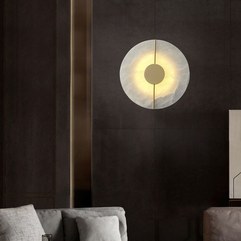 Brass and Stone Wall Lighting Round / Oval LED Wall Mounted Fixture in Gold