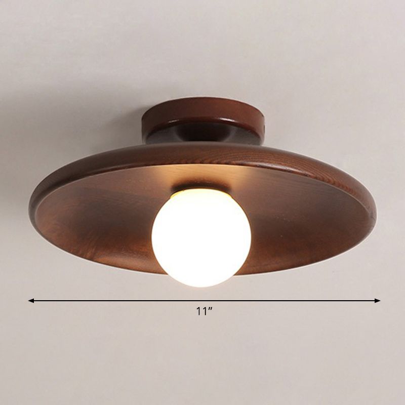 Shallow Bowl Shaped Ceiling Lamp Minimalist Wooden 1 Head Aisle Semi Flush Mount Light