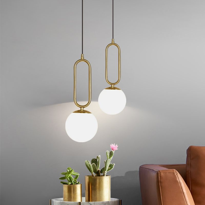 Minimalistic Ball Shape Pendant Lighting Ivory Glass 1 Head Bedside Drop Lamp in Gold