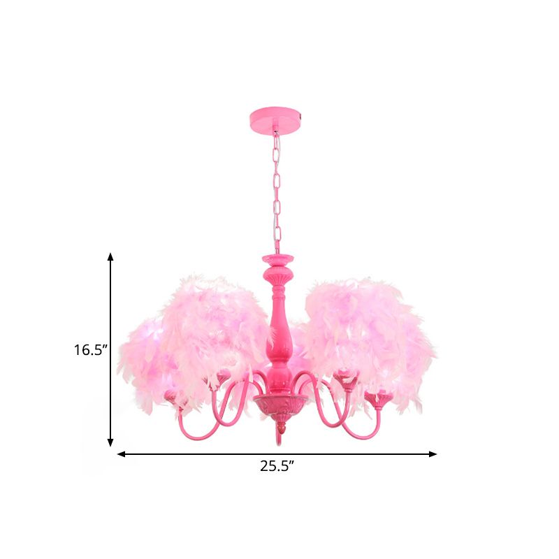 5 Lights Pink Curvy Arm Chandelier Lamp Kids Metal Suspension Lighting with Feather Shade