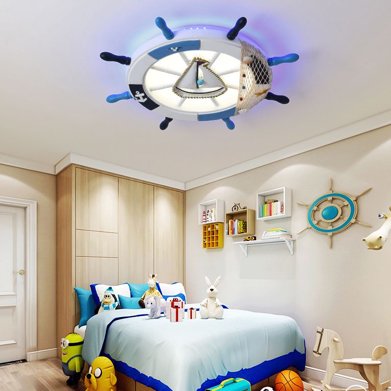 Children's Room Flushmount Light Boy Bedroom Room Study Kindergarten Mediterranean Style Creative Cartoon Ship Rudder Eye Protection Lamps