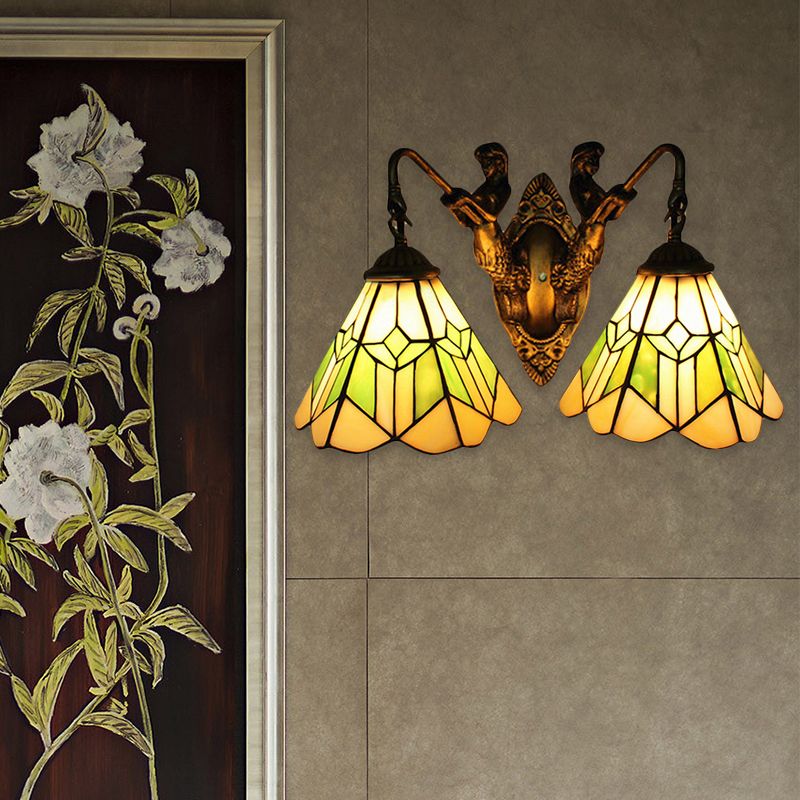 Conical Wall Light Fixture Tiffany Green and White Glass 2 Heads Aged Brass Sconce Light
