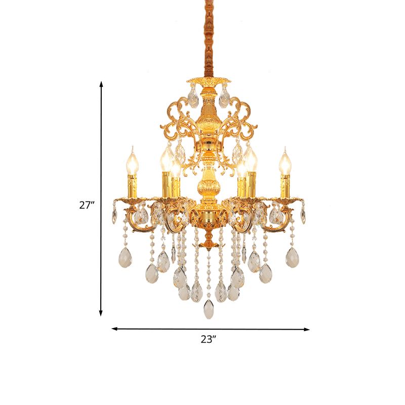 Metal Candlestick Chandelier Lighting Vintage 6 Heads Living Room Suspension Light in Gold with Crystal Drop