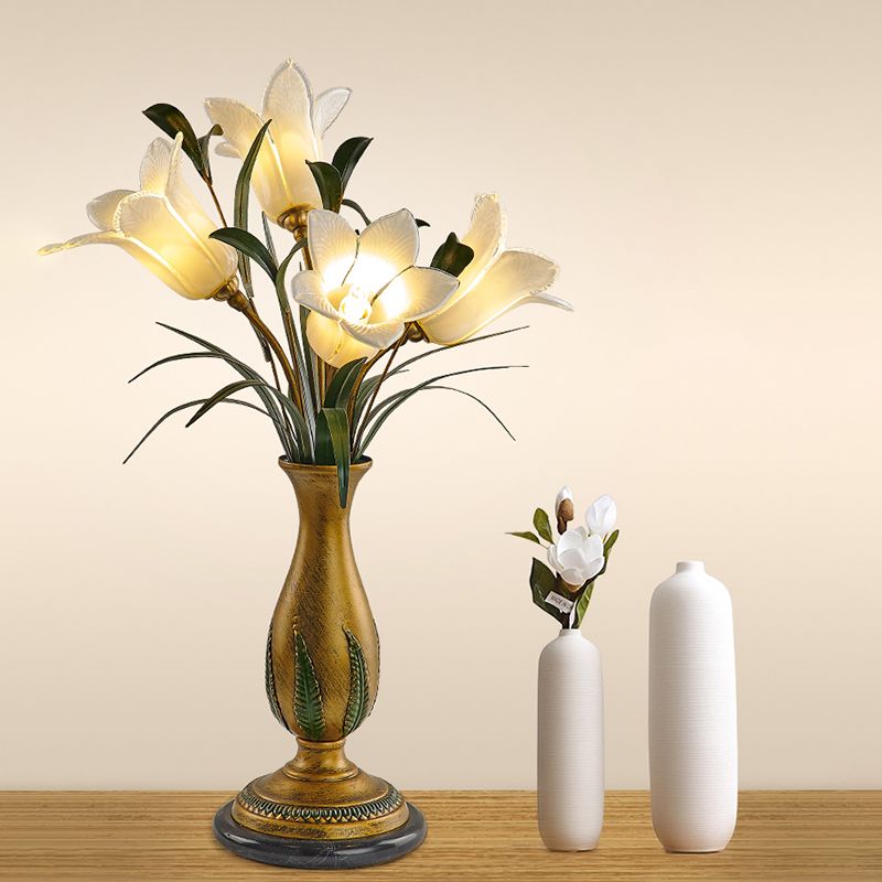 White/Purple Glass Floral Table Light Traditional-Style 4 Lights Bedroom Nightstand Lamp