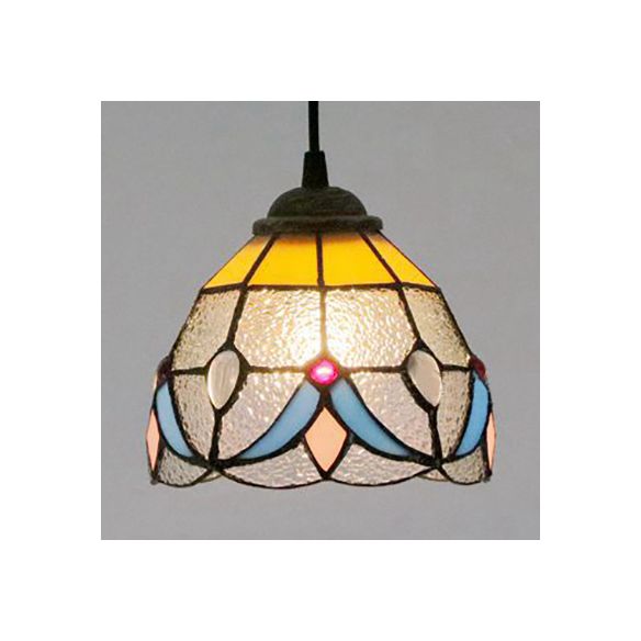 Mini Bowl Pendant Light Stained Glass Tiffany Single Hanging Lamp in Black Finish