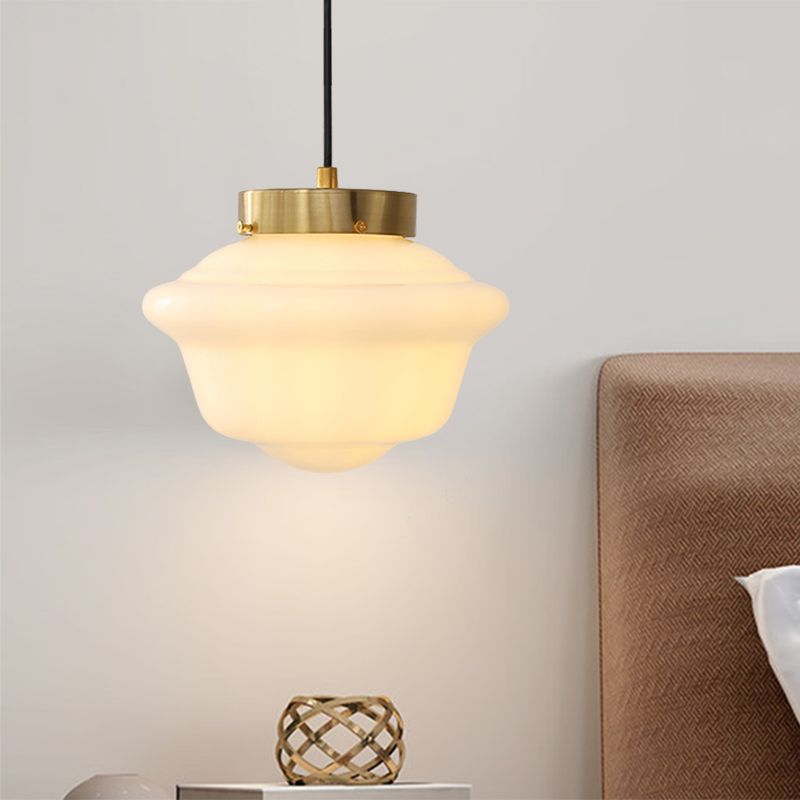 Gyro Shaped White Glass Pendant Minimalist Single Brass Hanging Ceiling Light for Restaurant
