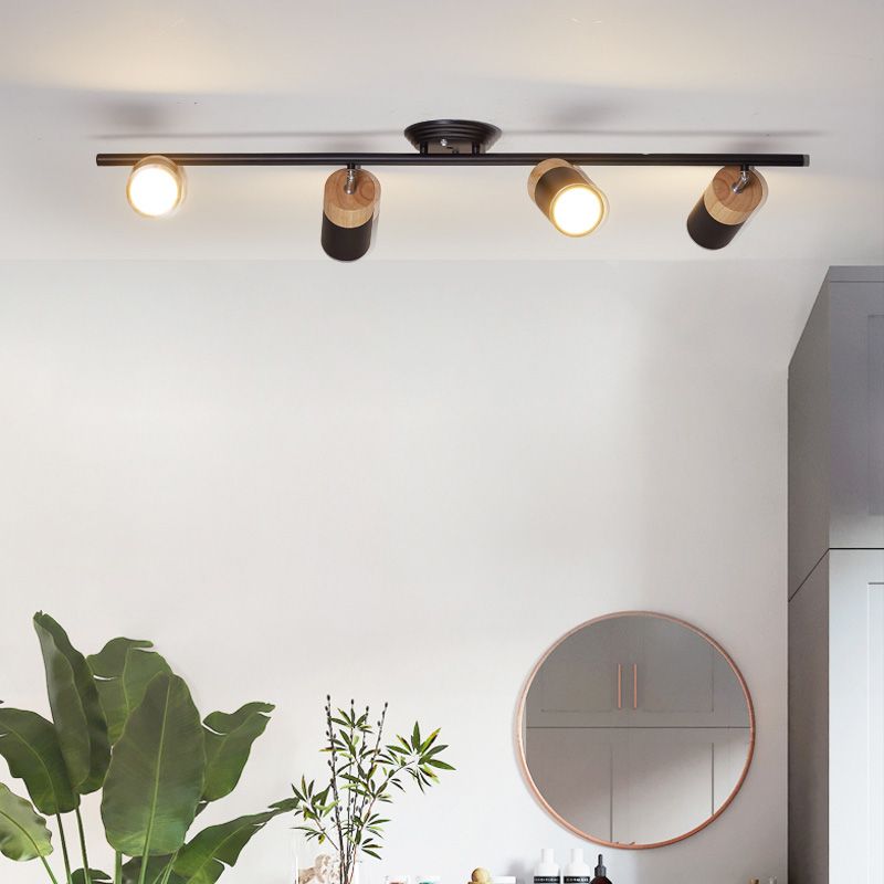 Nordic Cylindrical Metal and Wooden Cylindrical Track Spotlights Flush Mount Ceiling Light Fixtures for Foyer and Shop