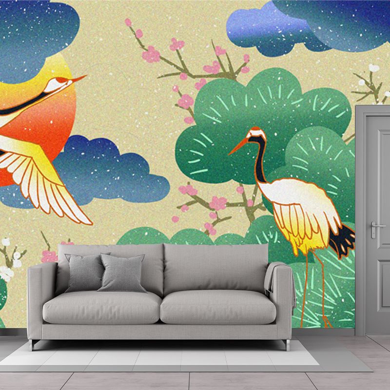 Illustration Red-Crown Cranes Mural for Tearoom, Green, Customized Size Available