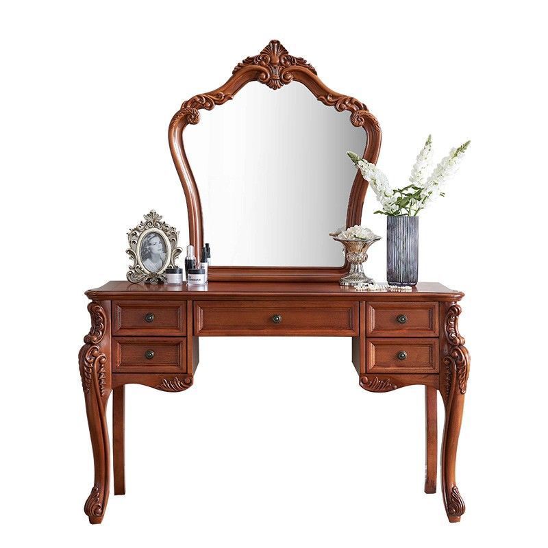 Solid Wood Brown Makeup Table Vanity with Drawers and Mirror