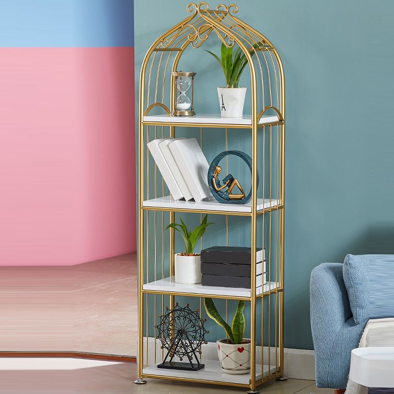 Gold Vertical Bookshelf Iron Frame Solid Wood Shelf Bookcase with Caster Wheels