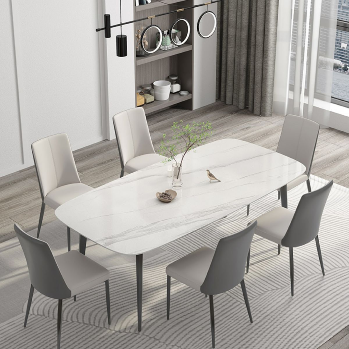 White Contemporary Rectangular Stone Dining Table with Steel Base