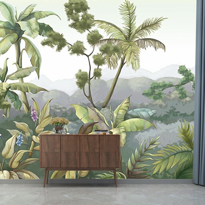 Tropical Plant Mountains Wall Mural Green Moisture Resistant Wall Decor for Home
