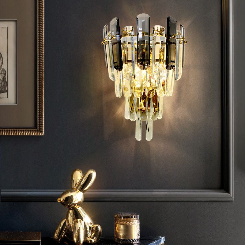 Gray Crystal Wall Sconce in Modern Luxury Style Electroplate Iron Stagger Wall Lamp for Bedroom