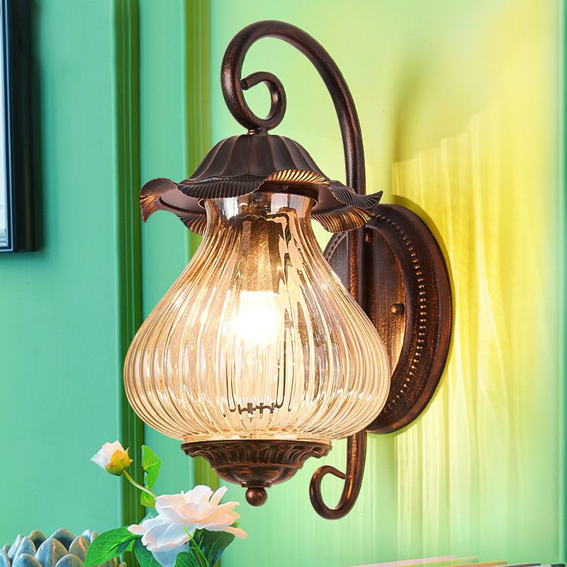 1 Light Pressed Ribbed Glass Wall Sconce Light Industrial Black Lantern Bedroom Lighting Fixture in Weathered Copper