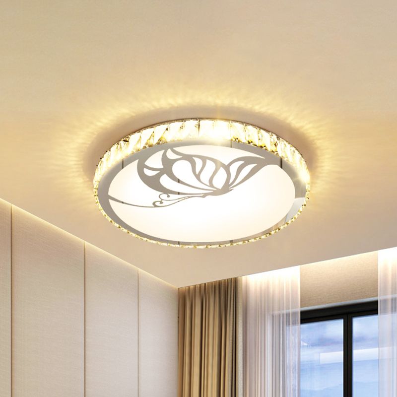 Crystal Round Ceiling Fixture Modernist LED White Flush Light in Warm/White Light with Butterfly/Petal Pattern