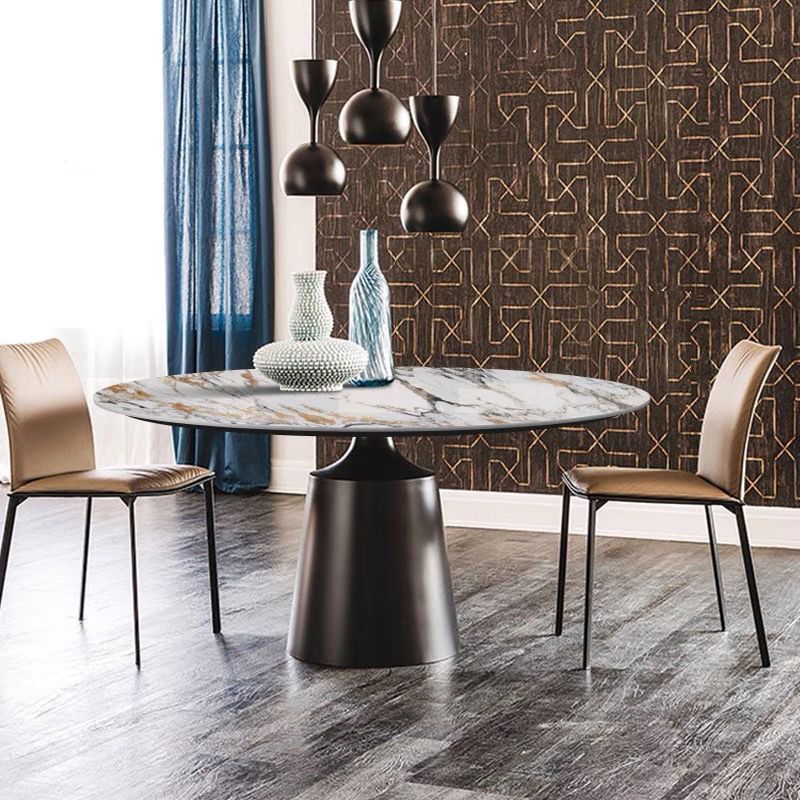 Traditional Luxury Round Dining Table Sintered Stone Top Table with Pedestal Base