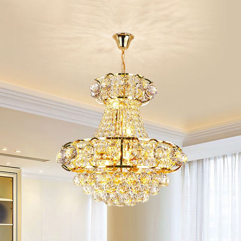 Kristal regendruppel taps toelopend plafondlicht luxe 6-head kamerskroonluchter kroonluchter in goud