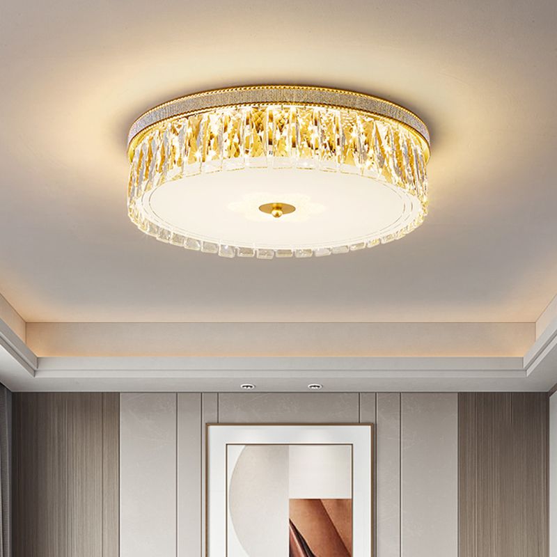 Gold Cylindrical LED Ceiling Light in Modern Luxury Style Crystal Indoor Flush Mount with Glass Shade