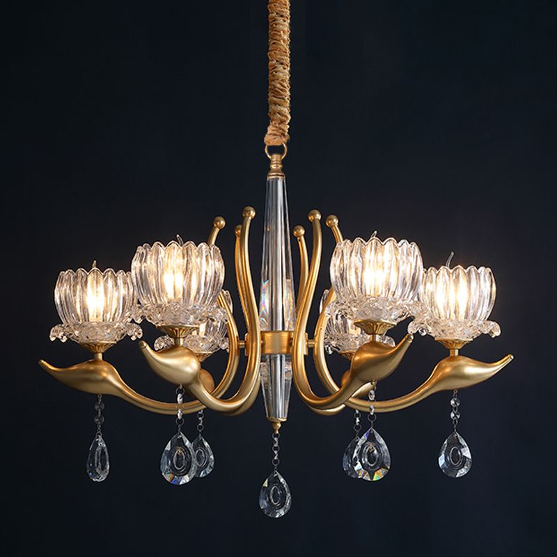 6-Light Lotus Shade Pendulum Light Traditional Gold Finish Clear Crystal Pendant Chandelier