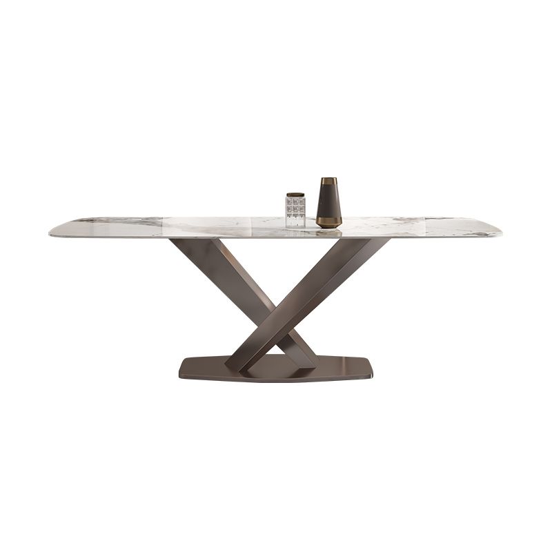 Minimalist Style Sintered Stone Dining Table with White Fixed Table and Trestle Base for Home Use