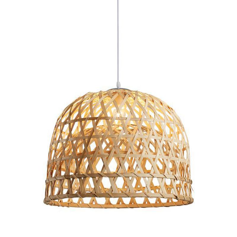 14"/19.5" W Modern Dome Bamboo Pendant Lighting 1 Light Ceiling Lamp in Beige for Dining Room