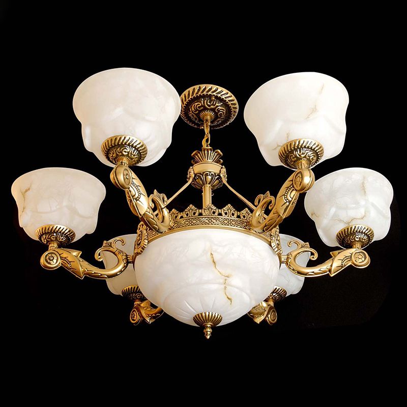 Bowl Dining Room Drop Lamp Antiqued White Glass 9-Light Brass Chandelier Light Fixture
