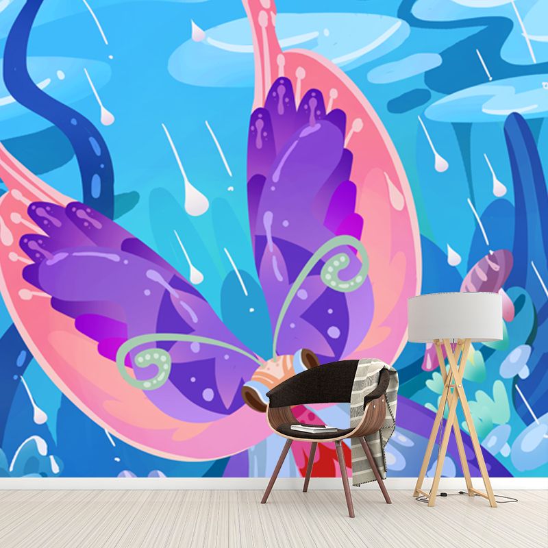 Blue Raining Meadow Wall Mural Butterfly Kids Waterproofing Wall Decor for Bedroom