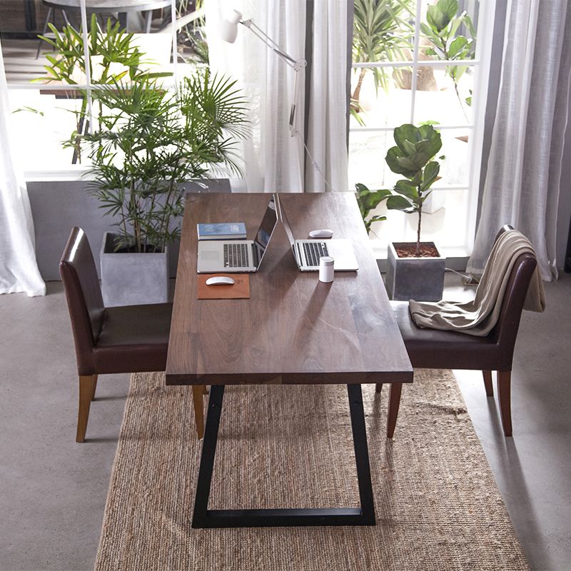 Industrial Pine Wood Table for Restaurant Rectangle Table with Metal Double Pedestal
