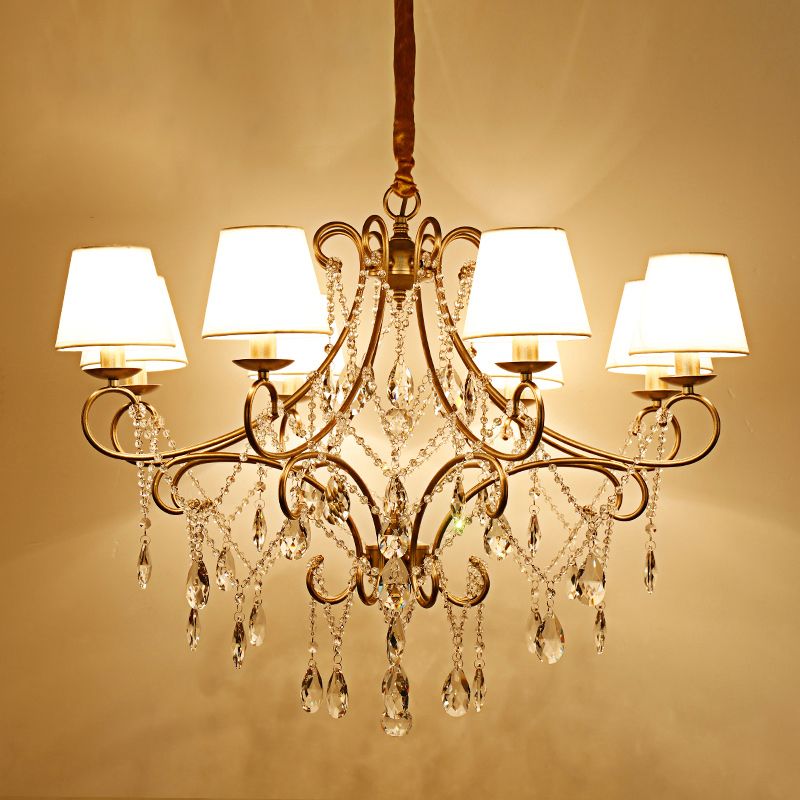 Gold Finish Ceiling Hang Light Vintage Metal Candlestick Chandelier with Crystal Strand