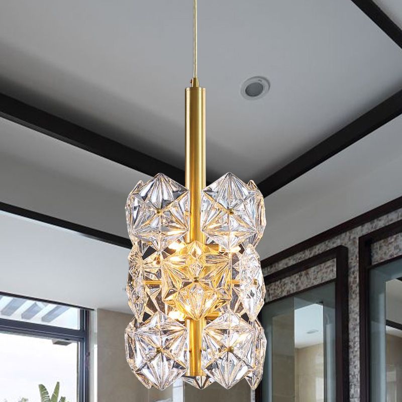 Hexagonal K9 Crystal Cylinder Drop Lamp Simplicity 6-Bulb Bedroom Hanging Pendant Light in Gold