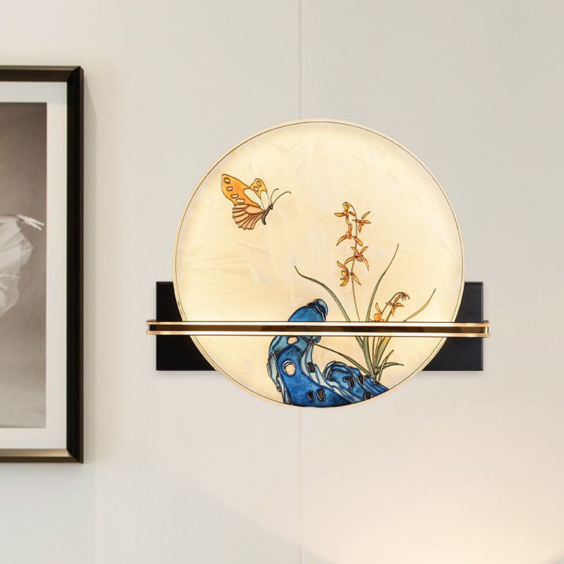 Butfly LED Mural Lightture Asie Verre tachée de vitrail étalon lampe murale circulaire en bleu
