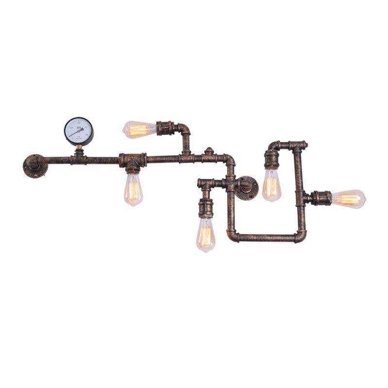 Water Pipe Iron Wall Lighting Industrial 5 Bulbs Restaurant Wall Sconce with Decorative Gauge