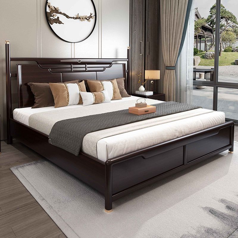 Rubberwood Standard Bed Mid-Century Modern Panel Bed with Headboard