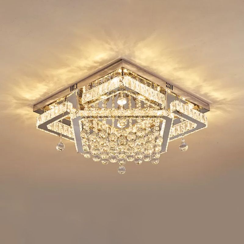 Clear Crystal Square Ceiling Flush Mount Simple LED Flushmount Light in Warm/White Light, 18"/23.5" W
