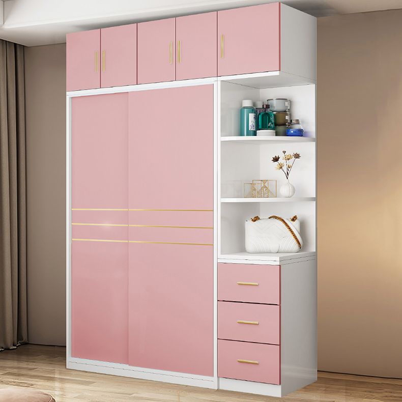 Pink Hanging Clothes Rack Wooden Wardrobe Armoire with Lower Storage Drawers