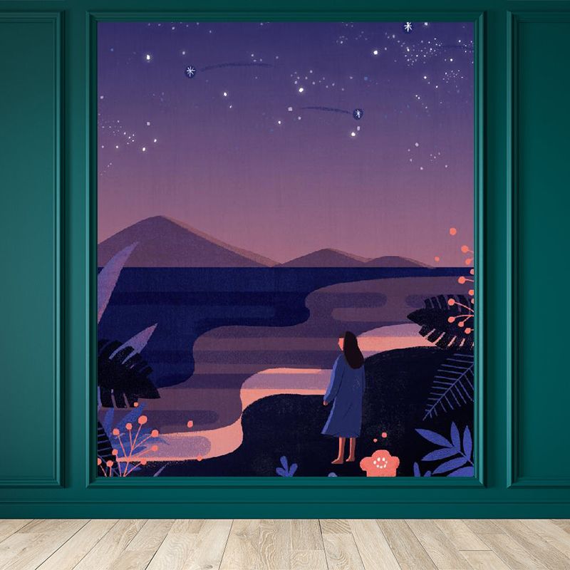 Starry Night Mural Decal Contemporary Non-Woven Textured Wall Covering in Purple