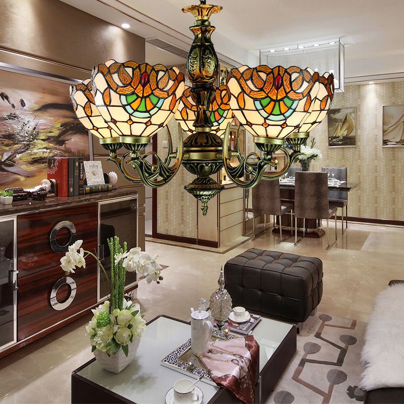 5 lumières Bol Plafond Pendent Victorien Hauteur Talage réglable Talage de vitraux suspendus