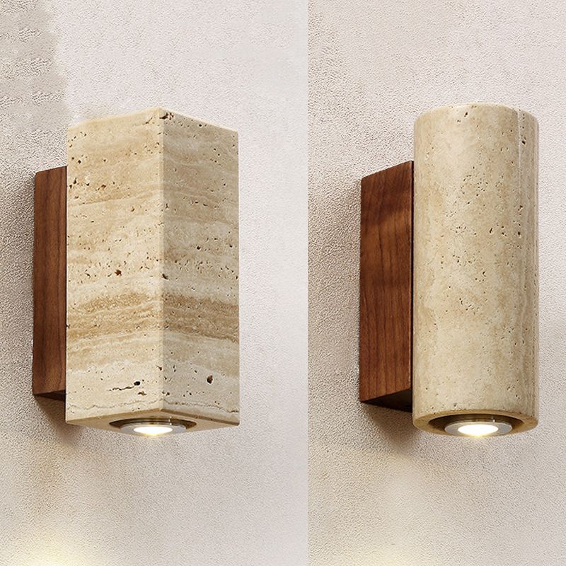 Japanese Style Stone Wall Light Cube Shape Wall Sconce with Wood for Bedroom