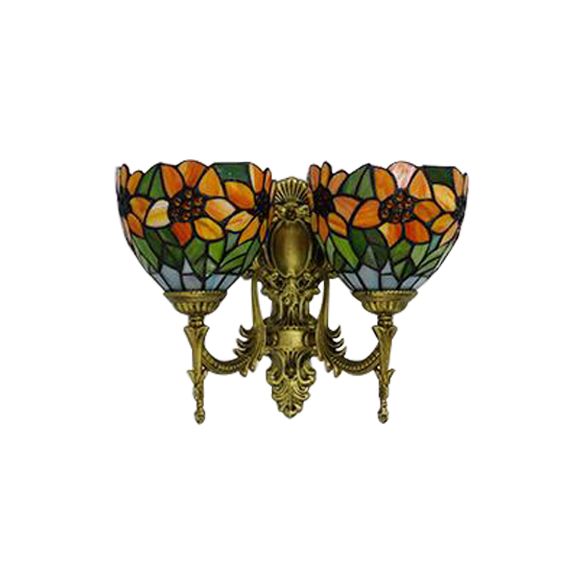 Rustic Bowl-Shaped Wall Lighting Stained Glass 2 Lights Wall Sconce Lighting with Sunflower Pattern in Orange