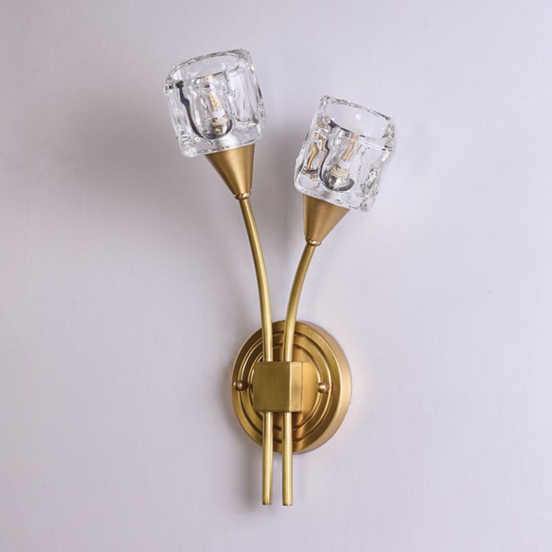 2-Light Gold Wall Lamp in Modern Luxury Style Copper Wall Sconce with Crystal Shade