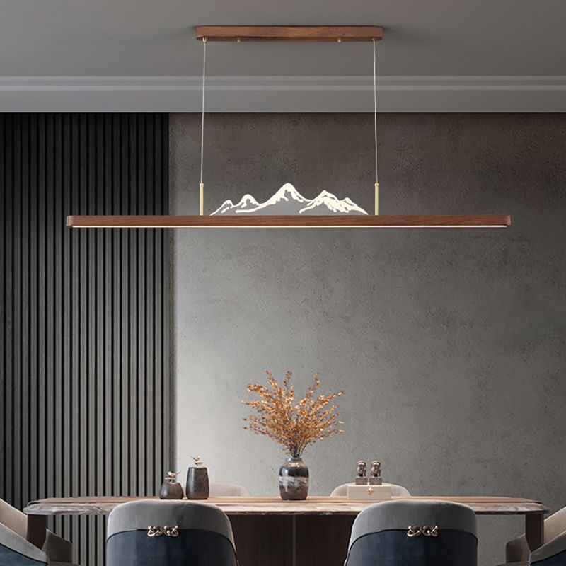 Modern Wood Ceiling Light Linear Shape Island Light with Plastic Shade for Living Room