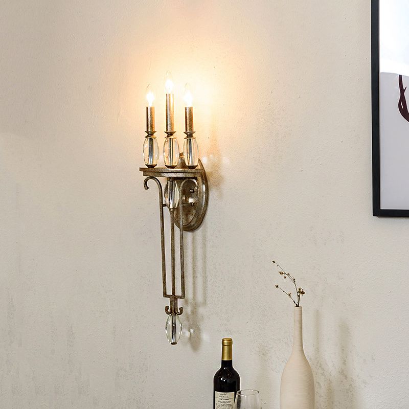 Vintage Candelabra Aged Silver Metal Sconce Light 3 Light Wall Mount Light with Crystal Drop