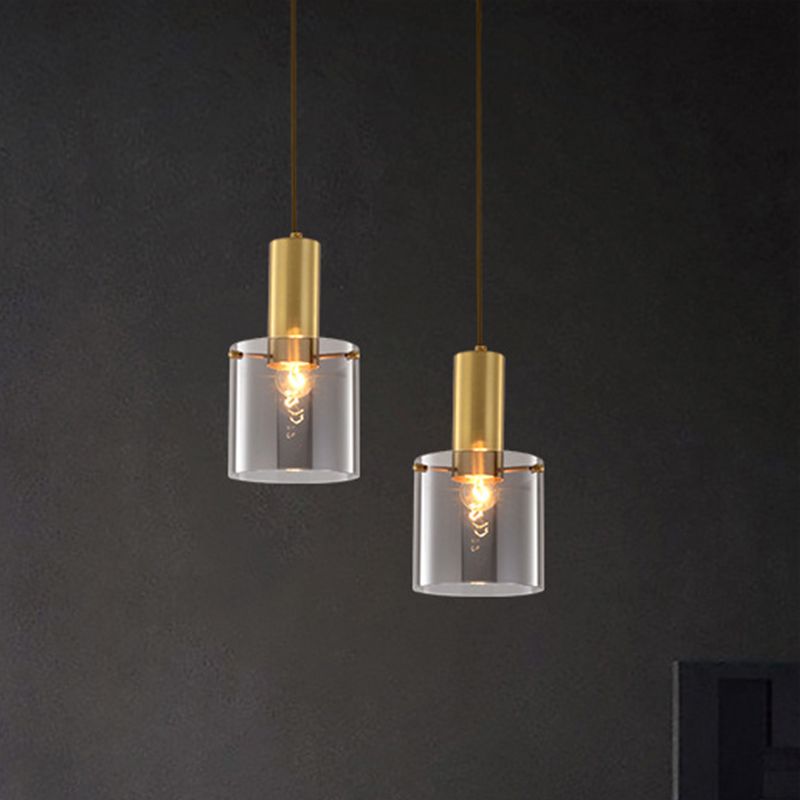 Cylinder Pendant Light Modern Clear Glass 1 Head Brass Hanging Ceiling Light for Dining Room