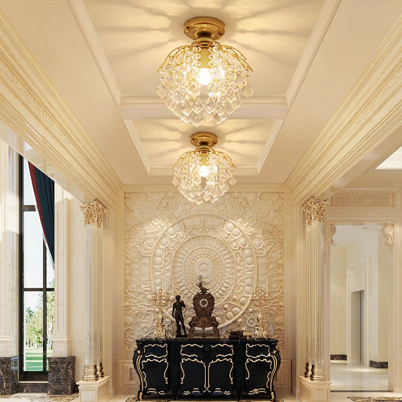 Gold Branching Ceiling Lighting Modern 1 Head Crystal Strand Semi Flush Mount Lamp for Aisle
