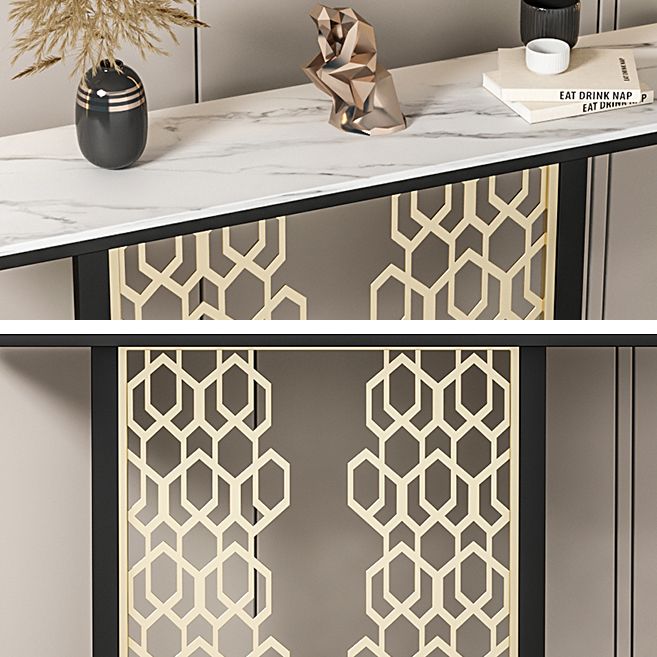 Glam Console Table with Rectangle Stone Top and Black Base for Hall