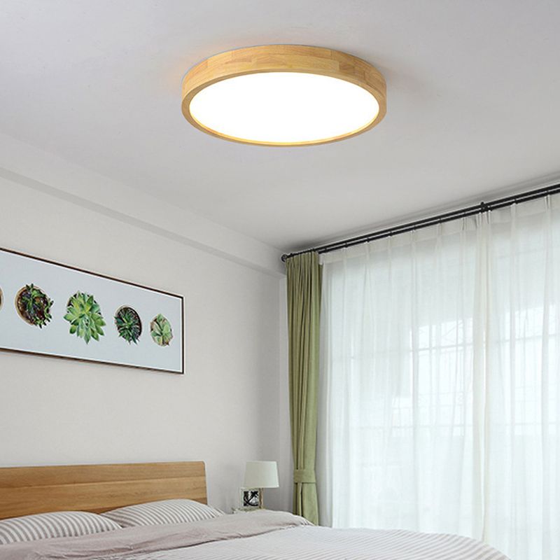 Circle Flush-Mount Light Fixture Modern Style Wooden LED Bedroom Flush Ceiling Light Fixture in Wood
