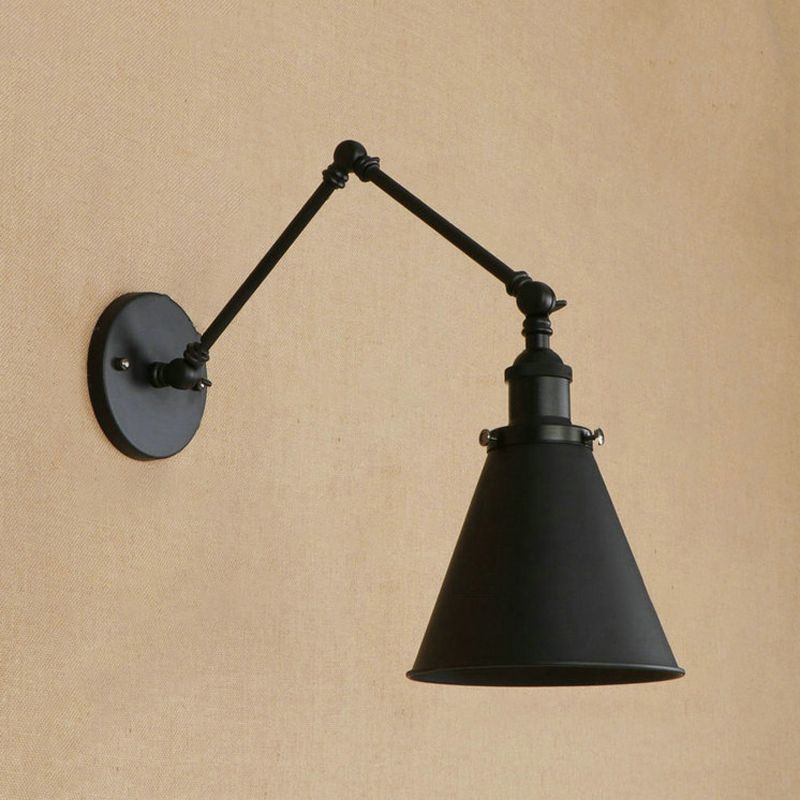 Farmhouse Style Cone Wall Sconce 1 Bulb Iron Wall Lighting Fixture in Black/Rust for Bedroom