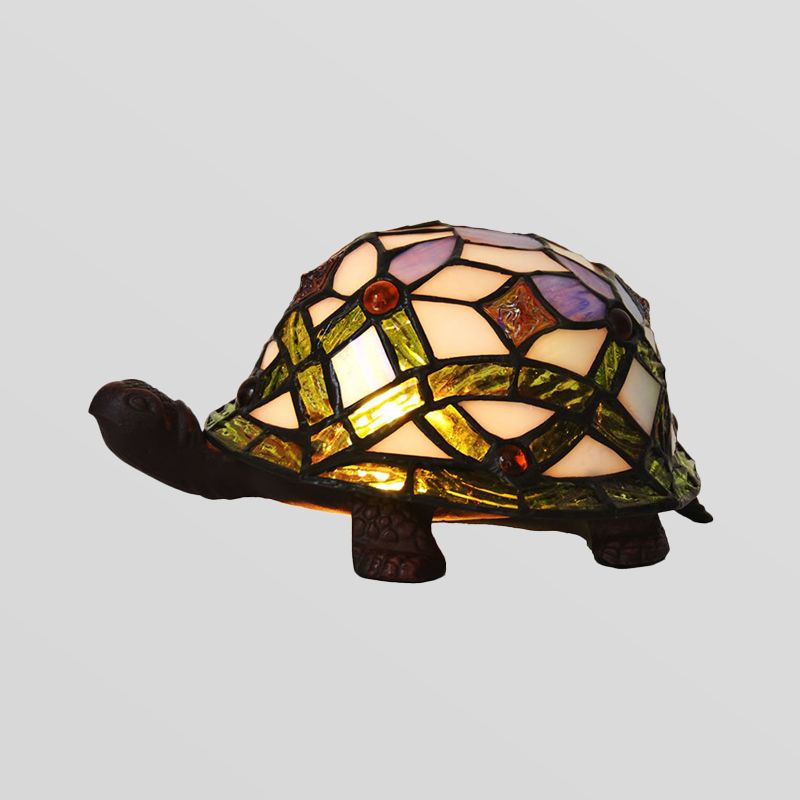 Baroque Turtle Shaped Night Lamp 1-Light Handcrafted Stained Glass Table Lighting in White
