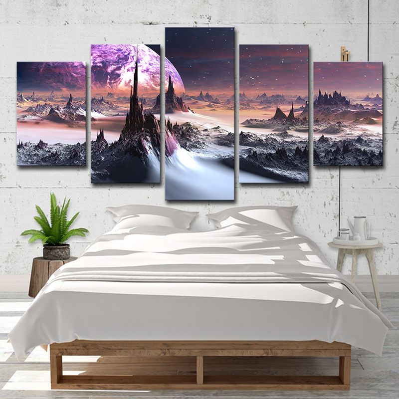 Fictional Hills and Planet Canvas Purple Multi-Piece Wall Art for Boys Bedroom