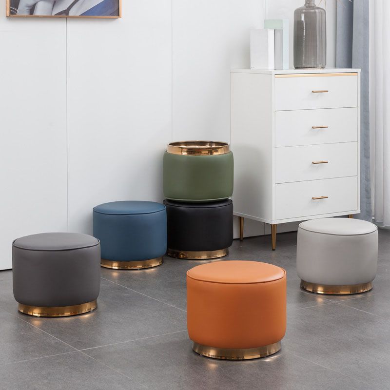 Glam Round Shape Ottoman Genuine Leather Upholstered Standard